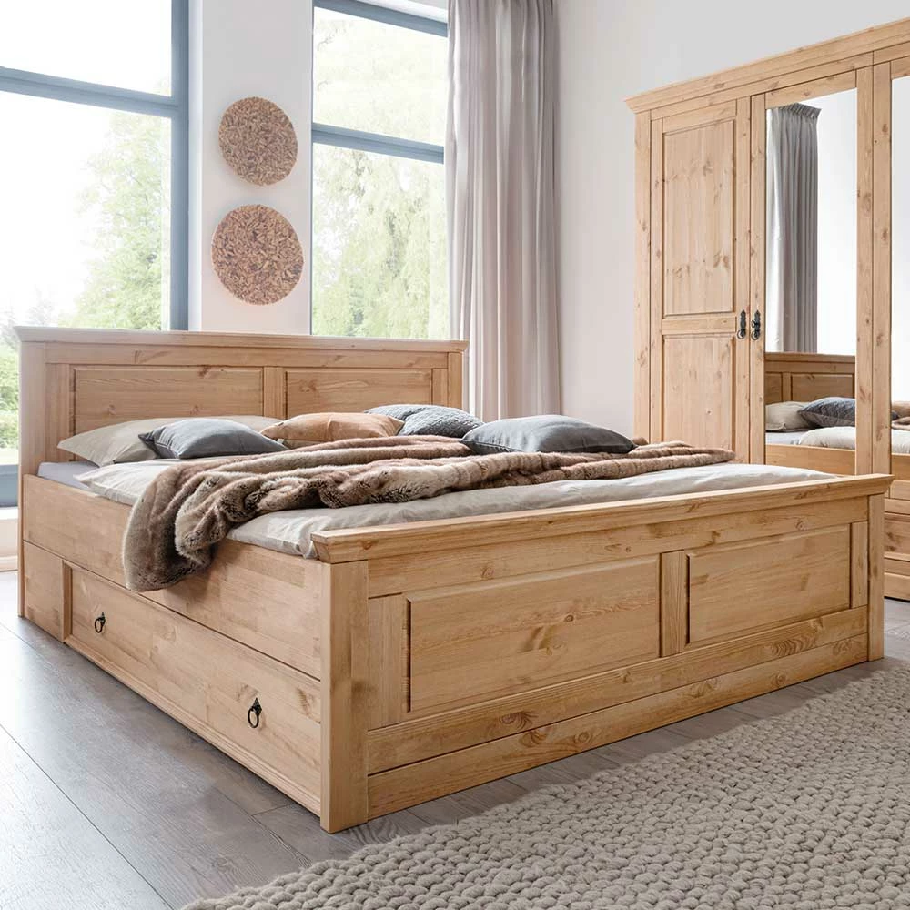 180x200 Landhausbett Aus Kiefer Gebeizt & Geölt - Voeca – Bild 3