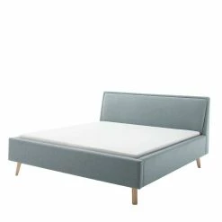 Gepolstertes Bettgestell In Hellblau & Eiche Natur - Adea