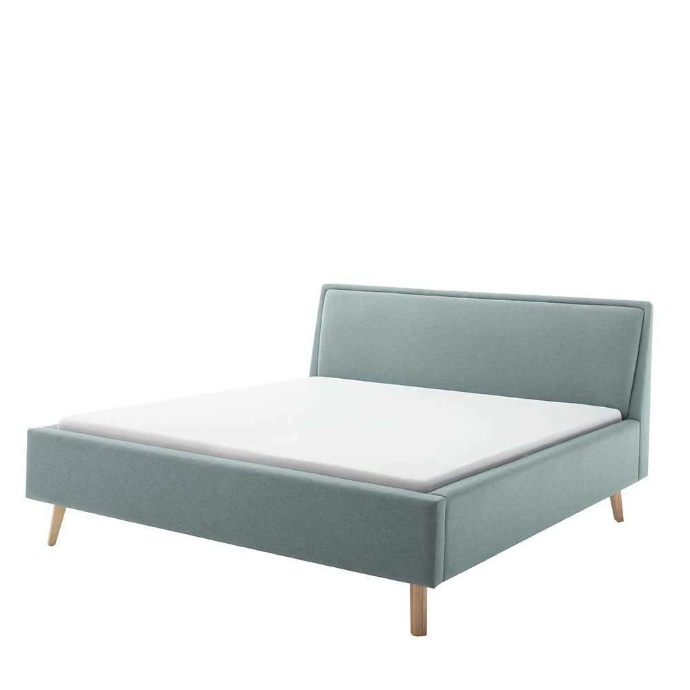 Gepolstertes Bettgestell In Hellblau & Eiche Natur - Adea