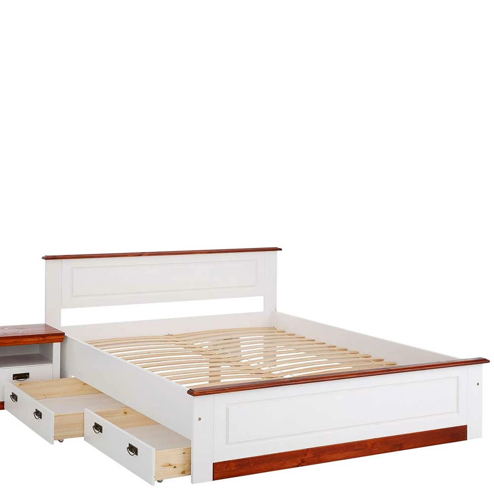 Landhaus Holzbett In Weiß & Kirschbaum - Vendirai – Bild 5