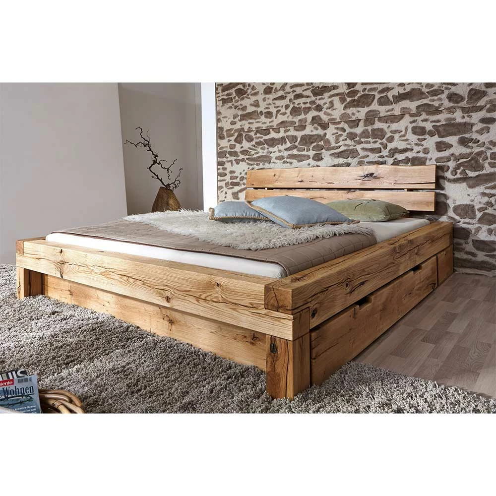 Rustikales Holzbett Mit Kopfteil Baumkante - Satton â Bild 3