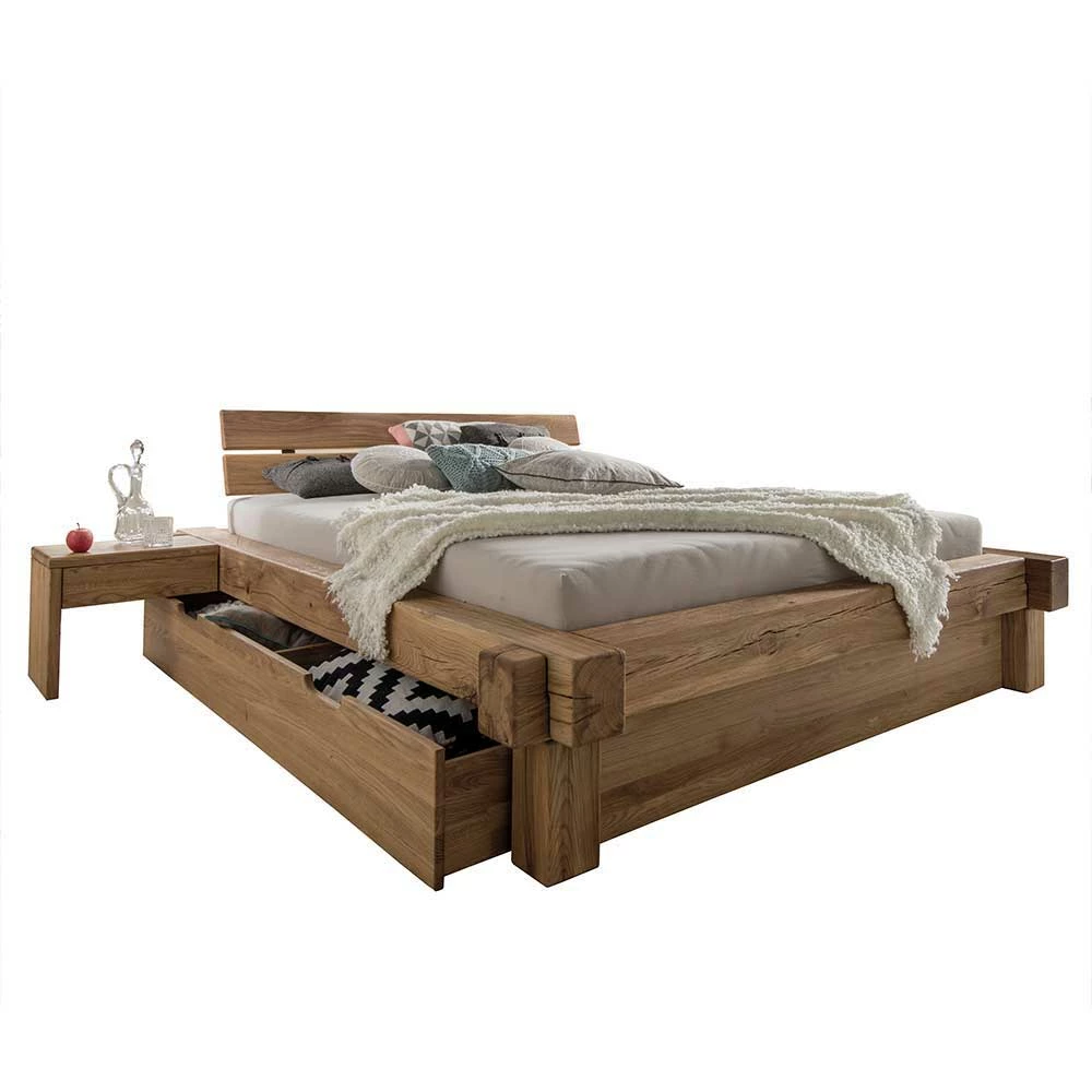 Schubkastenbett Aus Wildeiche Balken Twinn Mit 2 Nachttischen (dreiteilig)