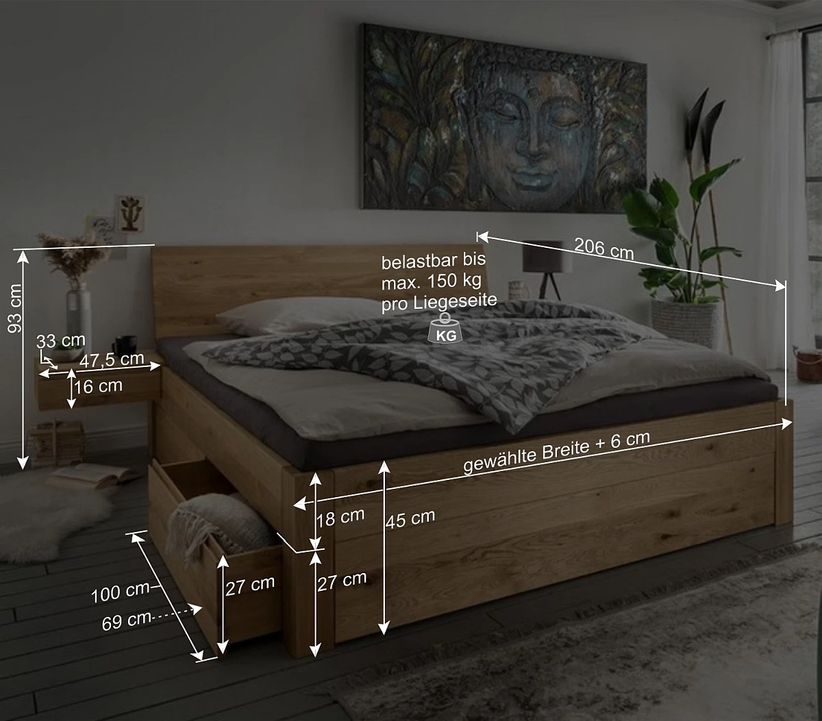 Stauraumbett & Hänge-Nachtkommoden - Zennian (dreiteilig) – Bild 6