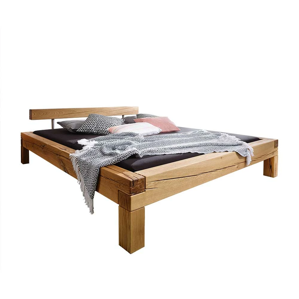 Wildeiche Balkenbett Mit Balken-Kopfteil - Satton